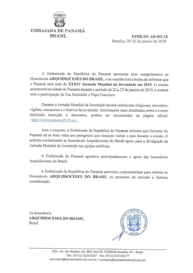 Carta da embaixada do Panamá para as arquidioceses do Brasil