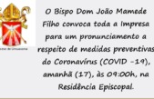 Bispo da Diocese de Umuarama fará pronunciamento sobre o Coronavírus para Imprensa