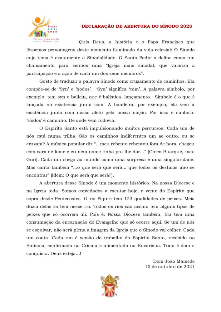 Carta de abertura da fase diocesana Dom João page 0001